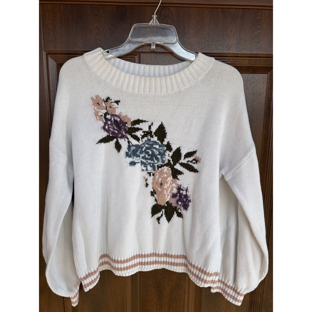 Women's Abound Floral Crewneck Cotton Sweater Cottage-core Ms Honey SZ‎ M